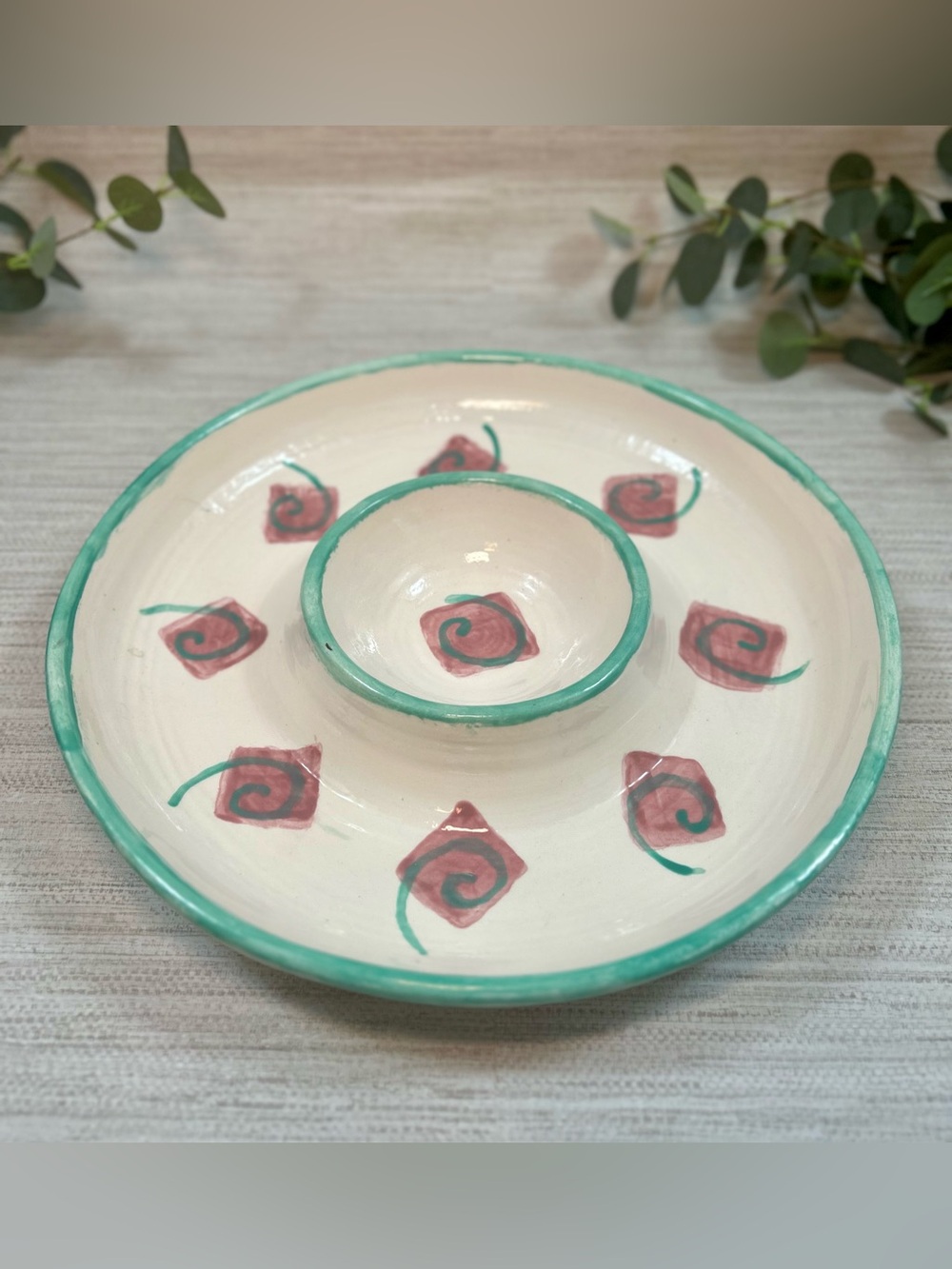 Vintage 1999 Signed Studio Pottery Chip & Dip Platter Hand Painted JAK 11”